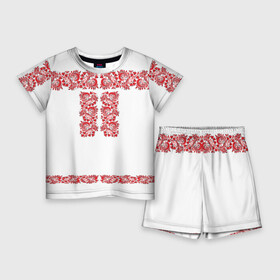 Детский костюм с шортами 3D с принтом Вышиванка в Петрозаводске,  |  | белорусская | вышиванка | древнерусская | к празднику | косоворотка | красные | масленица | национальная одежда | патриотическая | рубаха | русская | узоры | украинская