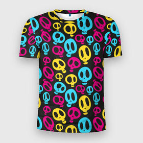 Мужская футболка 3D спортивная с принтом Веселый Хэллоуин в Петрозаводске, 100% полиэстер с улучшенными характеристиками | приталенный силуэт, круглая горловина, широкие плечи, сужается к линии бедра | Тематика изображения на принте: желтый | розовый | синий | череп