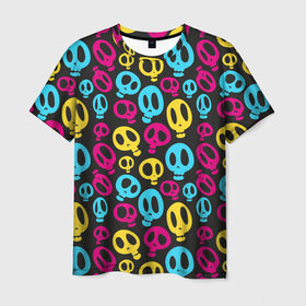 Мужская футболка 3D с принтом Веселый Хэллоуин в Петрозаводске, 100% полиэфир | прямой крой, круглый вырез горловины, длина до линии бедер | Тематика изображения на принте: желтый | розовый | синий | череп