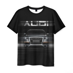 Мужская футболка 3D с принтом Audi Q7 скорость в Петрозаводске, 100% полиэфир | прямой крой, круглый вырез горловины, длина до линии бедер | audi | авто | автомобиль | ауди | кольца | красивая | кроссовер | крутая | марка | машина | надпись | немецкая иномарка | прикольная | тачка | черная | эмблема
