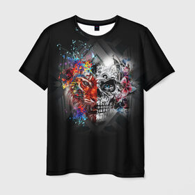 Мужская футболка 3D с принтом Art skull в Петрозаводске, 100% полиэфир | прямой крой, круглый вырез горловины, длина до линии бедер | art | half | lion | skull | живопись | искусство | краски | лев | половина | череп