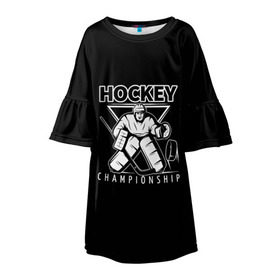 Детское платье 3D с принтом Hockey Championship в Петрозаводске, 100% полиэстер | прямой силуэт, чуть расширенный к низу. Круглая горловина, на рукавах — воланы | Тематика изображения на принте: bandy | hockey | клюшка | коньки | лед | спорт | хоккей