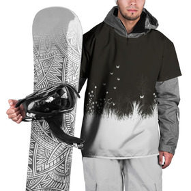 Накидка на куртку 3D с принтом Ночная полянка в Петрозаводске, 100% полиэстер |  | бабочки | белый | кусты | ночь | цветы | чб | черно белое | черный
