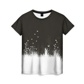 Женская футболка 3D с принтом Ночная полянка в Петрозаводске, 100% полиэфир ( синтетическое хлопкоподобное полотно) | прямой крой, круглый вырез горловины, длина до линии бедер | бабочки | белый | кусты | ночь | цветы | чб | черно белое | черный