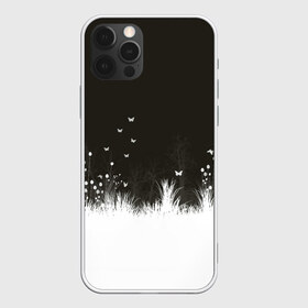 Чехол для iPhone 12 Pro Max с принтом Ночная полянка в Петрозаводске, Силикон |  | Тематика изображения на принте: бабочки | белый | кусты | ночь | цветы | чб | черно белое | черный