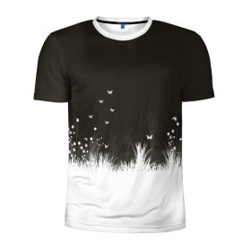 Мужская футболка 3D спортивная с принтом Ночная полянка в Петрозаводске, 100% полиэстер с улучшенными характеристиками | приталенный силуэт, круглая горловина, широкие плечи, сужается к линии бедра | бабочки | белый | кусты | ночь | цветы | чб | черно белое | черный