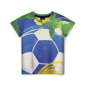 Детская футболка 3D с принтом Яркий футбол в Петрозаводске, 100% гипоаллергенный полиэфир | прямой крой, круглый вырез горловины, длина до линии бедер, чуть спущенное плечо, ткань немного тянется | бразилия | желтый | зеленый | игра | мяч | синий | цвет