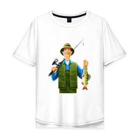 Мужская футболка хлопок Oversize с принтом Папа-рыбак в Петрозаводске, 100% хлопок | свободный крой, круглый ворот, “спинка” длиннее передней части | 