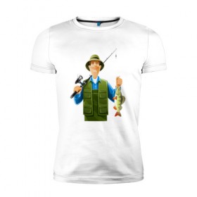 Мужская футболка премиум с принтом Папа-рыбак в Петрозаводске, 92% хлопок, 8% лайкра | приталенный силуэт, круглый вырез ворота, длина до линии бедра, короткий рукав | 