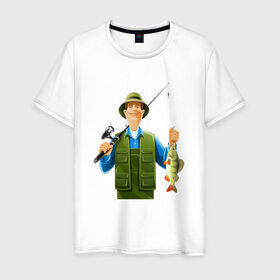 Мужская футболка хлопок с принтом Папа-рыбак в Петрозаводске, 100% хлопок | прямой крой, круглый вырез горловины, длина до линии бедер, слегка спущенное плечо. | 