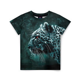 Детская футболка 3D с принтом Леопард неоновый в Петрозаводске, 100% гипоаллергенный полиэфир | прямой крой, круглый вырез горловины, длина до линии бедер, чуть спущенное плечо, ткань немного тянется | Тематика изображения на принте: гепард | леопард | темный | хищник