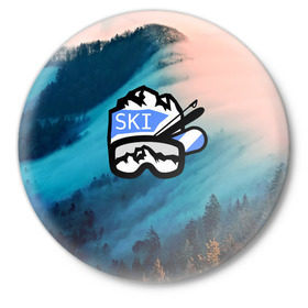 Значок с принтом SKI в Петрозаводске,  металл | круглая форма, металлическая застежка в виде булавки | ski patrol | sport | возвышение | возвышенность | гора | горка | национальный парк | облака | склон | снег | спорт | холм