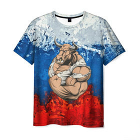 Мужская футболка 3D с принтом Буйвол в Петрозаводске, 100% полиэфир | прямой крой, круглый вырез горловины, длина до линии бедер | abstraction | grunge | абстракция | буйвол | бык | краска | русский | триколор | я русский