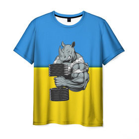 Мужская футболка 3D с принтом Спортивный носорог в Петрозаводске, 100% полиэфир | прямой крой, круглый вырез горловины, длина до линии бедер | Тематика изображения на принте: abstraction | grunge | абстракция | два цвета | краска | носорог | украинец | я украинец