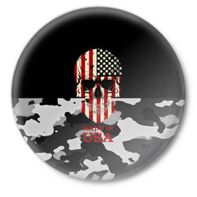 Значок с принтом Made in USA в Петрозаводске,  металл | круглая форма, металлическая застежка в виде булавки | camouflage | made in usa | skull | абстракция | америка | города | камуфляж | нация | страны | текстуры | череп