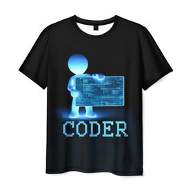 Мужская футболка 3D с принтом Coder - программист кодировщик в Петрозаводске, 100% полиэфир | прямой крой, круглый вырез горловины, длина до линии бедер | Тематика изображения на принте: it | programmer | голова | загрузка | код | надпись | неоновый | ноги | программный | руки | светящийся | страница | технологии | хакер | человек | человечек | шифровальщик | экран