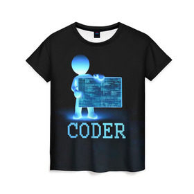 Женская футболка 3D с принтом Coder - программист кодировщик в Петрозаводске, 100% полиэфир ( синтетическое хлопкоподобное полотно) | прямой крой, круглый вырез горловины, длина до линии бедер | it | programmer | голова | загрузка | код | надпись | неоновый | ноги | программный | руки | светящийся | страница | технологии | хакер | человек | человечек | шифровальщик | экран