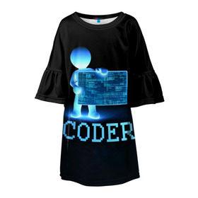 Детское платье 3D с принтом Coder - программист кодировщик в Петрозаводске, 100% полиэстер | прямой силуэт, чуть расширенный к низу. Круглая горловина, на рукавах — воланы | it | programmer | голова | загрузка | код | надпись | неоновый | ноги | программный | руки | светящийся | страница | технологии | хакер | человек | человечек | шифровальщик | экран