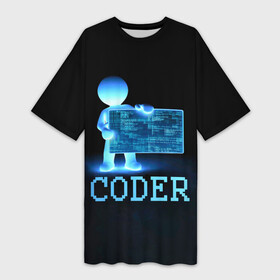 Платье-футболка 3D с принтом Coder   программист кодировщик в Петрозаводске,  |  | it | programmer | голова | загрузка | код | надпись | неоновый | ноги | программный | руки | светящийся | страница | технологии | хакер | человек | человечек | шифровальщик | экран