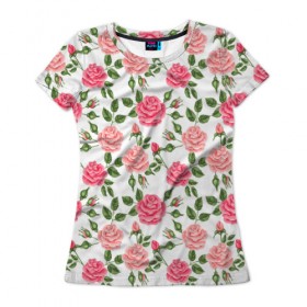 Женская футболка 3D с принтом Розы Паттерн в Петрозаводске, 100% полиэфир ( синтетическое хлопкоподобное полотно) | прямой крой, круглый вырез горловины, длина до линии бедер | абстракция | коллаж | паттерн | растения | розы | цветы