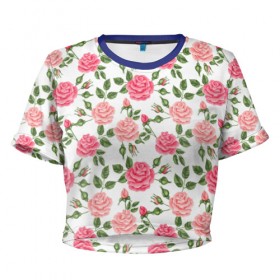 Женская футболка 3D укороченная с принтом Розы Паттерн в Петрозаводске, 100% полиэстер | круглая горловина, длина футболки до линии талии, рукава с отворотами | абстракция | коллаж | паттерн | растения | розы | цветы