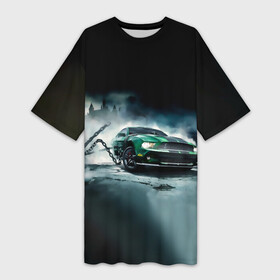 Платье-футболка 3D с принтом Призрачный Ford Mustang в Петрозаводске,  |  | ford | mustang | авто | автомобиль | блатная | замок | зеленый | иномарка | крутая | марка | машина | мустанг | пацанский таз | поводок | прикольная | седан | тачила | тачка | туман | форд | цепь