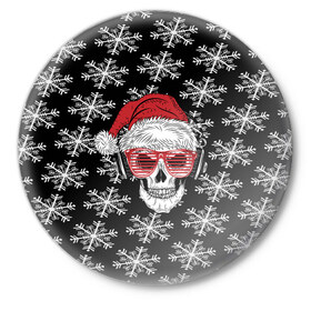 Значок с принтом Santa Skull хипстер в Петрозаводске,  металл | круглая форма, металлическая застежка в виде булавки | Тематика изображения на принте: дед мороз | новогодний | паттерн | санта | снег | снежинки