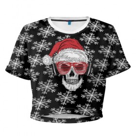 Женская футболка 3D укороченная с принтом Santa Skull хипстер в Петрозаводске, 100% полиэстер | круглая горловина, длина футболки до линии талии, рукава с отворотами | Тематика изображения на принте: дед мороз | новогодний | паттерн | санта | снег | снежинки