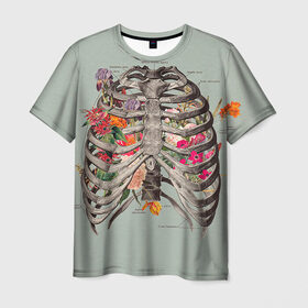 Мужская футболка 3D с принтом Грудная клетка в Петрозаводске, 100% полиэфир | прямой крой, круглый вырез горловины, длина до линии бедер | Тематика изображения на принте: halloween | skeleton | грудная клетка | кости | ребра | скелет | хэллоуин