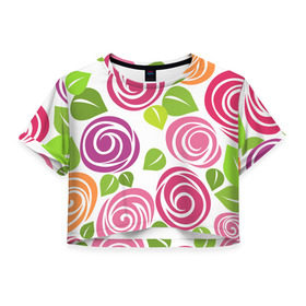 Женская футболка 3D укороченная с принтом Розы Минимализм в Петрозаводске, 100% полиэстер | круглая горловина, длина футболки до линии талии, рукава с отворотами | Тематика изображения на принте: flowers | розовый | розы | цветы