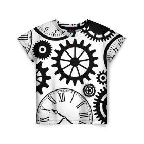 Детская футболка 3D с принтом Часы и шестеренки в Петрозаводске, 100% гипоаллергенный полиэфир | прямой крой, круглый вырез горловины, длина до линии бедер, чуть спущенное плечо, ткань немного тянется | Тематика изображения на принте: pattern | узор | часы