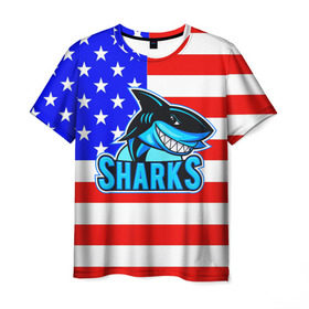 Мужская футболка 3D с принтом Sharks USA в Петрозаводске, 100% полиэфир | прямой крой, круглый вырез горловины, длина до линии бедер | sharks | usa | акула | америка | американец | символика америки | сша