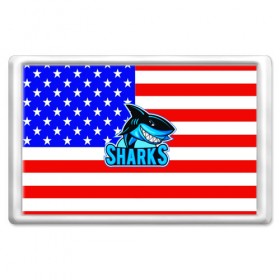 Магнит 45*70 с принтом Sharks USA в Петрозаводске, Пластик | Размер: 78*52 мм; Размер печати: 70*45 | sharks | usa | акула | америка | американец | символика америки | сша