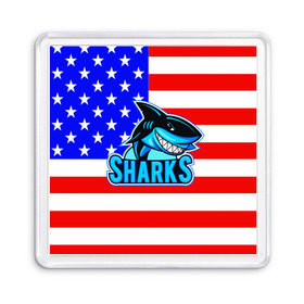 Магнит 55*55 с принтом Sharks USA в Петрозаводске, Пластик | Размер: 65*65 мм; Размер печати: 55*55 мм | sharks | usa | акула | америка | американец | символика америки | сша