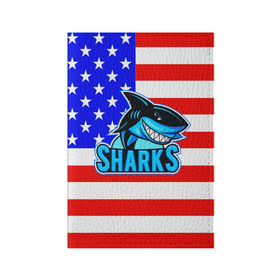 Обложка для паспорта матовая кожа с принтом Sharks USA в Петрозаводске, натуральная матовая кожа | размер 19,3 х 13,7 см; прозрачные пластиковые крепления | Тематика изображения на принте: sharks | usa | акула | америка | американец | символика америки | сша