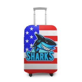 Чехол для чемодана 3D с принтом Sharks USA в Петрозаводске, 86% полиэфир, 14% спандекс | двустороннее нанесение принта, прорези для ручек и колес | sharks | usa | акула | америка | американец | символика америки | сша