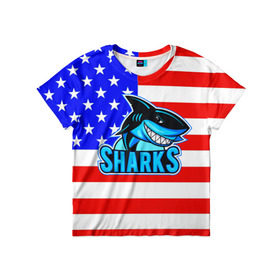 Детская футболка 3D с принтом Sharks USA в Петрозаводске, 100% гипоаллергенный полиэфир | прямой крой, круглый вырез горловины, длина до линии бедер, чуть спущенное плечо, ткань немного тянется | sharks | usa | акула | америка | американец | символика америки | сша