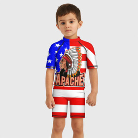 Детский купальный костюм 3D с принтом Apache в Петрозаводске, Полиэстер 85%, Спандекс 15% | застежка на молнии на спине | Тематика изображения на принте: apache | usa | америка | американец | индейцы | символика америки | сша