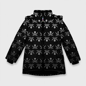 Зимняя куртка для девочек 3D с принтом Пиратский pattern в Петрозаводске, ткань верха — 100% полиэстер; подклад — 100% полиэстер, утеплитель — 100% полиэстер. | длина ниже бедра, удлиненная спинка, воротник стойка и отстегивающийся капюшон. Есть боковые карманы с листочкой на кнопках, утяжки по низу изделия и внутренний карман на молнии. 

Предусмотрены светоотражающий принт на спинке, радужный светоотражающий элемент на пуллере молнии и на резинке для утяжки. | bones | buccaneer | corsair | filibuster | freebooter | picaroon | pirate | rover | голова | кости | пират | скелет | череп