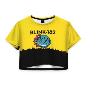 Женская футболка 3D укороченная с принтом Blink-182 город в Петрозаводске, 100% полиэстер | круглая горловина, длина футболки до линии талии, рукава с отворотами | blink | альтернативный рок | блинк | город | желтый | марк хоппус | музыка | мэтт скиба | панк | панк рок | песни | поп панк | рок | скейт панк | смайл | солнце | трэвис баркер