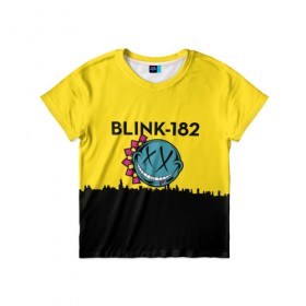 Детская футболка 3D с принтом Blink-182 город в Петрозаводске, 100% гипоаллергенный полиэфир | прямой крой, круглый вырез горловины, длина до линии бедер, чуть спущенное плечо, ткань немного тянется | blink | альтернативный рок | блинк | город | желтый | марк хоппус | музыка | мэтт скиба | панк | панк рок | песни | поп панк | рок | скейт панк | смайл | солнце | трэвис баркер