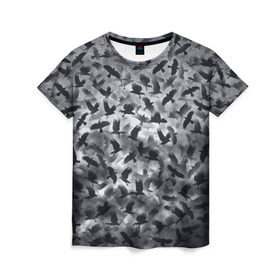 Женская футболка 3D с принтом Вороны в Петрозаводске, 100% полиэфир ( синтетическое хлопкоподобное полотно) | прямой крой, круглый вырез горловины, длина до линии бедер | ворон | ворона | воронье | небо | паттрен | птицы | серый | стая | текстура | хеллоуин