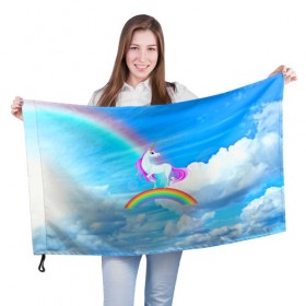 Флаг 3D с принтом Единорог в Петрозаводске, 100% полиэстер | плотность ткани — 95 г/м2, размер — 67 х 109 см. Принт наносится с одной стороны | единорог | небо | облака | радуга