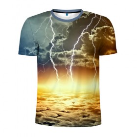Мужская футболка 3D спортивная с принтом Удар молнии в Петрозаводске, 100% полиэстер с улучшенными характеристиками | приталенный силуэт, круглая горловина, широкие плечи, сужается к линии бедра | Тематика изображения на принте: молния | облака | природа | стихия | тучи