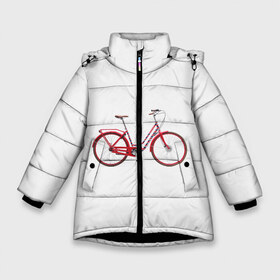 Зимняя куртка для девочек 3D с принтом Велосипед в Петрозаводске, ткань верха — 100% полиэстер; подклад — 100% полиэстер, утеплитель — 100% полиэстер. | длина ниже бедра, удлиненная спинка, воротник стойка и отстегивающийся капюшон. Есть боковые карманы с листочкой на кнопках, утяжки по низу изделия и внутренний карман на молнии. 

Предусмотрены светоотражающий принт на спинке, радужный светоотражающий элемент на пуллере молнии и на резинке для утяжки. | bicycle | байсикл | велик | красный | москва | педали