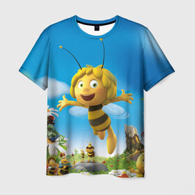 Мужская футболка 3D с принтом Пчелка Майя в Петрозаводске, 100% полиэфир | прямой крой, круглый вырез горловины, длина до линии бедер | вилли | майя | мая | пчелка | пчёлка майя | флип