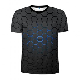 Мужская футболка 3D спортивная с принтом Соты в Петрозаводске, 100% полиэстер с улучшенными характеристиками | приталенный силуэт, круглая горловина, широкие плечи, сужается к линии бедра | абстракция | геометрия | синий | соты | текстура | темный