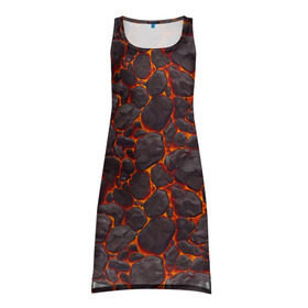 Платье-майка 3D с принтом Голем в Петрозаводске, 100% полиэстер | полуприлегающий силуэт, широкие бретели, круглый вырез горловины, удлиненный подол сзади. | вулкан | голем | демон | жара | камень | лава | огонь | пламя | солнце