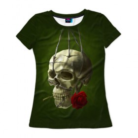 Женская футболка 3D с принтом Череп и роза в Петрозаводске, 100% полиэфир ( синтетическое хлопкоподобное полотно) | прямой крой, круглый вырез горловины, длина до линии бедер | кости | роза | скелет | хэллоуин | цветок | цветы | череп