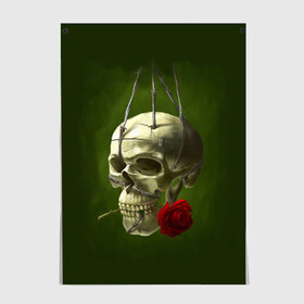 Постер с принтом Череп и роза в Петрозаводске, 100% бумага
 | бумага, плотность 150 мг. Матовая, но за счет высокого коэффициента гладкости имеет небольшой блеск и дает на свету блики, но в отличии от глянцевой бумаги не покрыта лаком | кости | роза | скелет | хэллоуин | цветок | цветы | череп